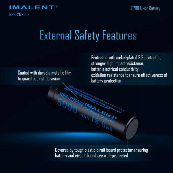 Imalent MRB-217P50S Li-ion battery showing external safety features like nickel-plated protector and durable film.