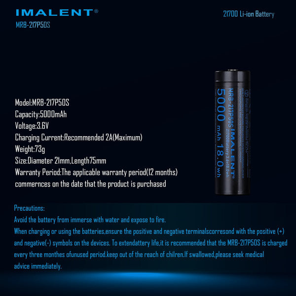 Imalent MRB-217P50S Li-ion battery with full specifications and usage precautions listed.