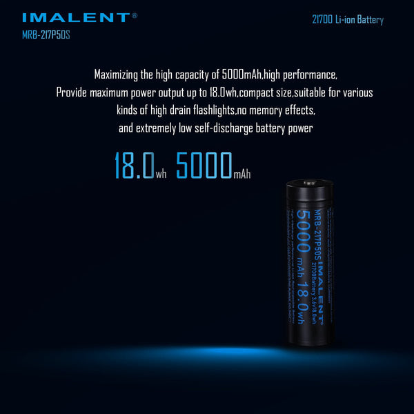 Imalent MRB-217P50S 5000mAh 18.0Wh Li-ion battery standing, emphasizing high capacity and performance.