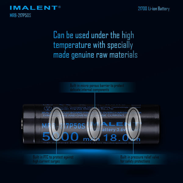 Imalent MRB-217P50S Li-ion battery showing internal safety features like PTC and pressure relief valve.