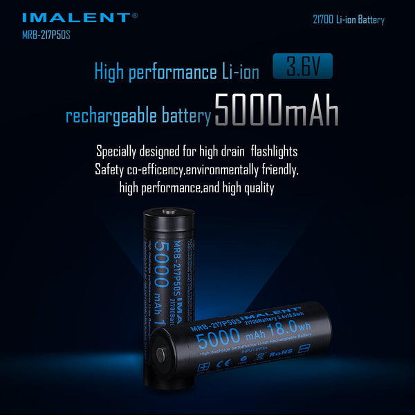 Imalent MRB-217P50S 21700 Li-ion battery, 3.6V 5000mAh, with high performance and quality features.