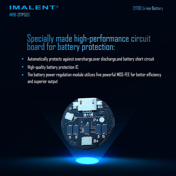 Close-up of the Imalent MRB-217P50S Li-ion battery's high-performance protection circuit board.