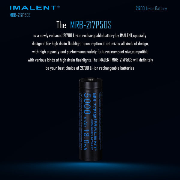 Imalent MRB-217P50S 21700 Li-ion rechargeable battery standing, designed for high drain flashlights.