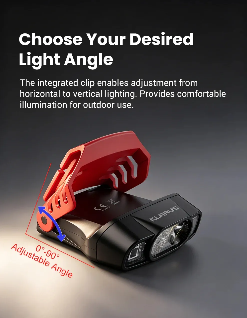 Klarus HC3 Pro clip-on light demonstrating its 0-90 degree adjustable light angle for comfortable illumination.