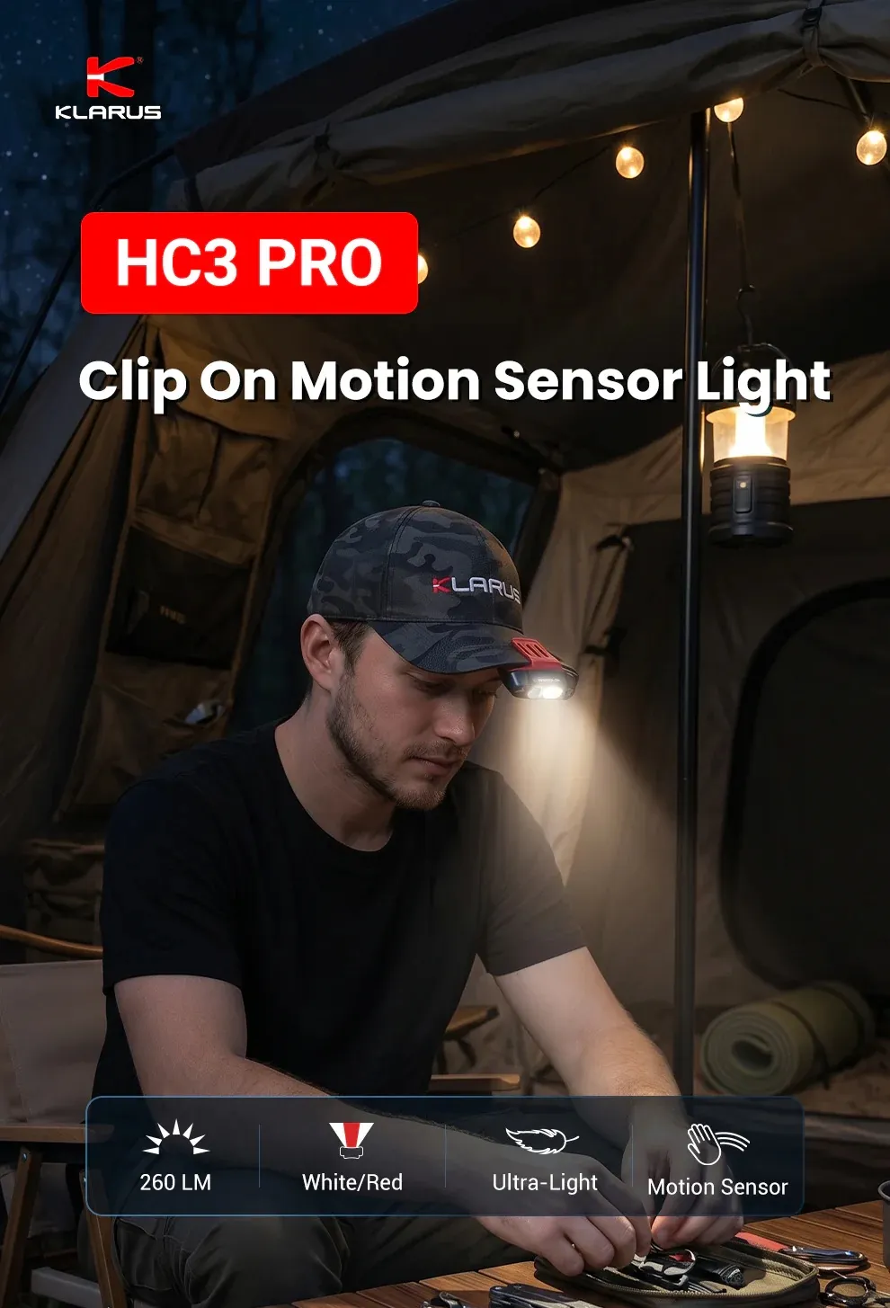 Klarus HC3 Pro clip-on motion sensor light on a hat, illuminating inside a tent at night. Features shown.
