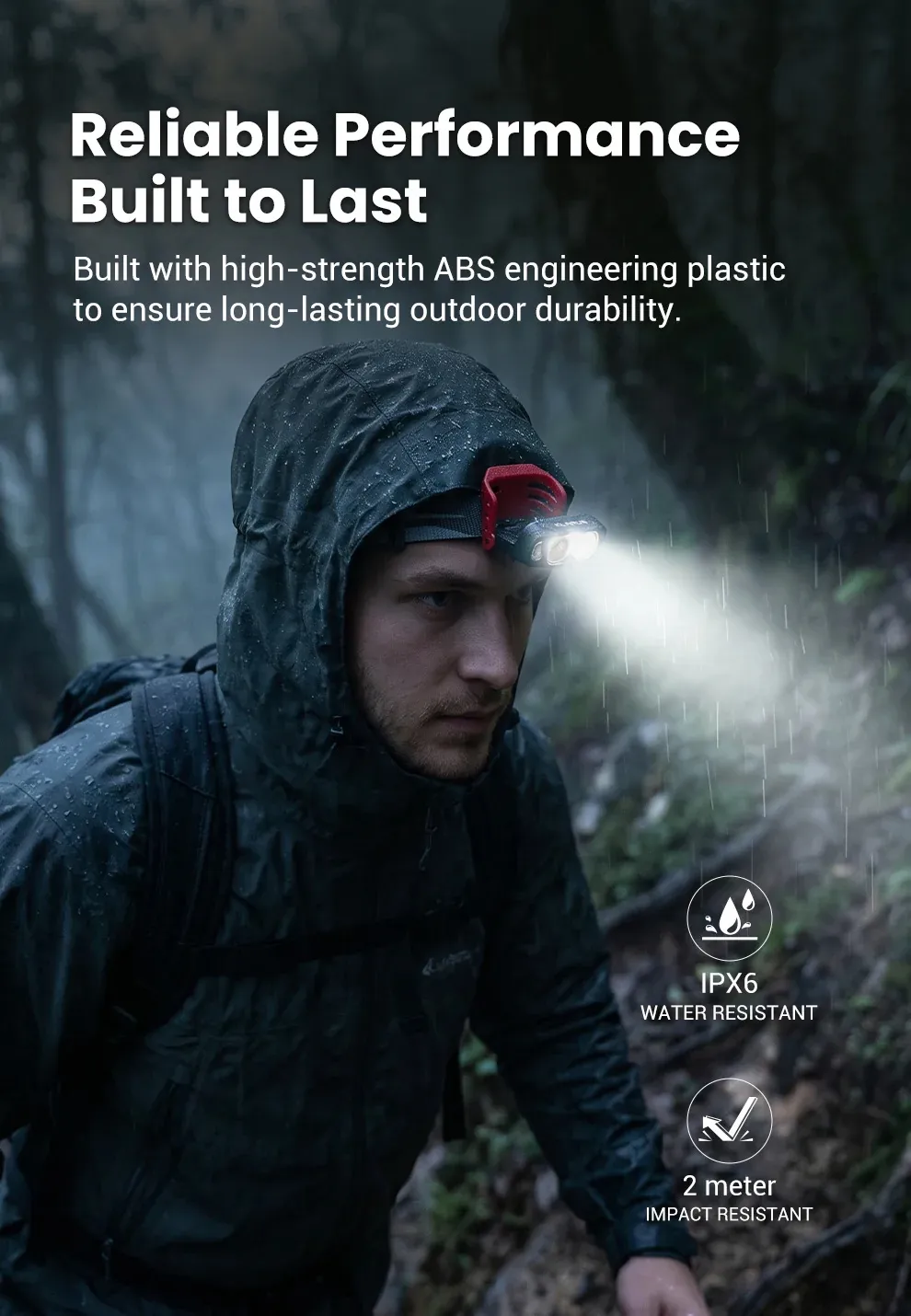 Klarus HC3 Pro headlamp worn by a man hiking in the rain, highlighting its durable, water and impact resistant design.