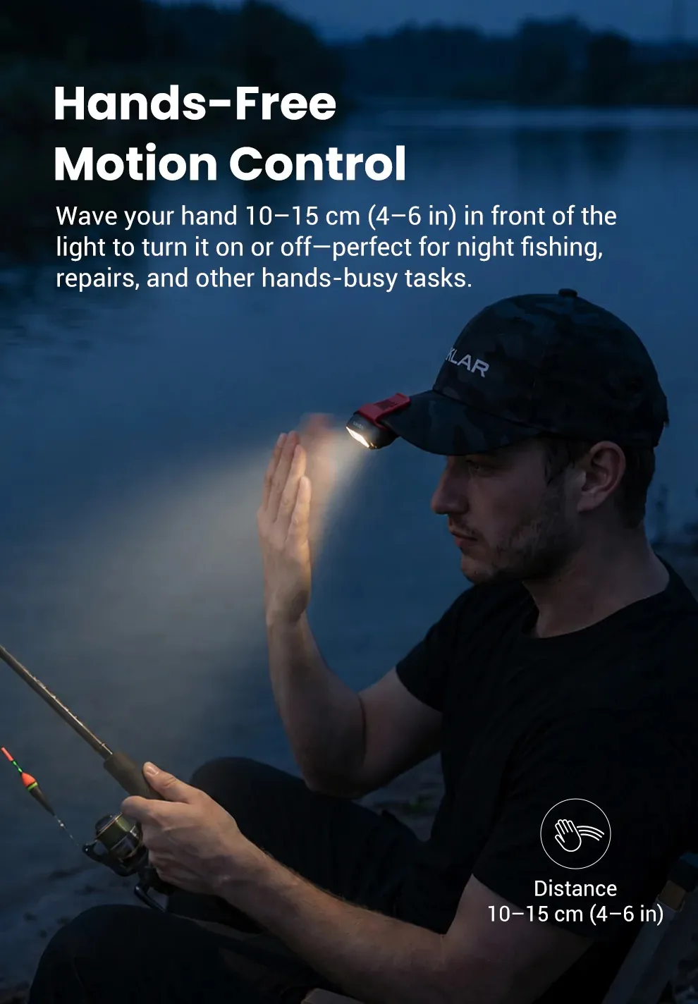 Man fishing at night, demonstrating Klarus HC3 Pro's hands-free motion sensor control by waving his hand.