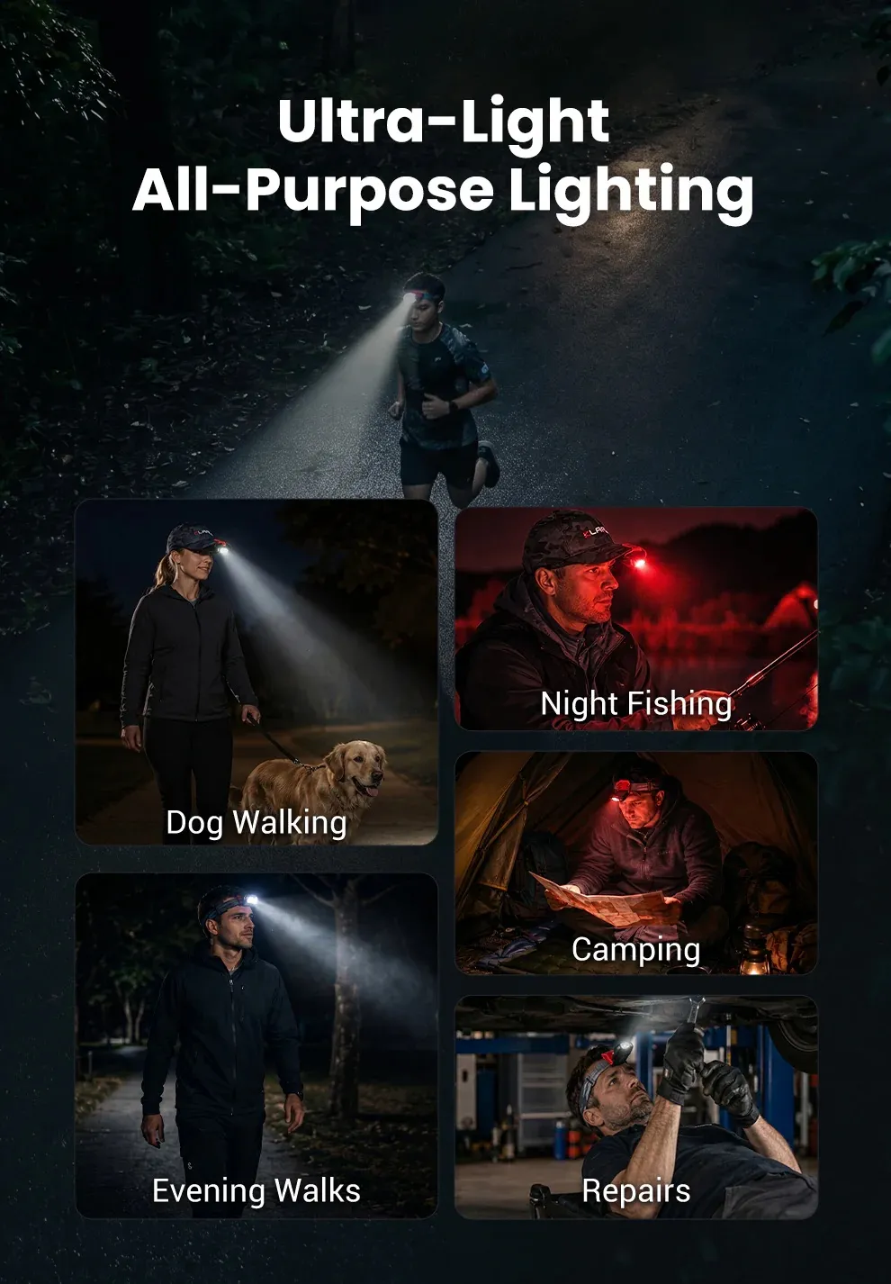 Klarus HC3 Pro ultra-light all-purpose lighting shown in various scenarios: running, dog walking, fishing, camping, repairs.
