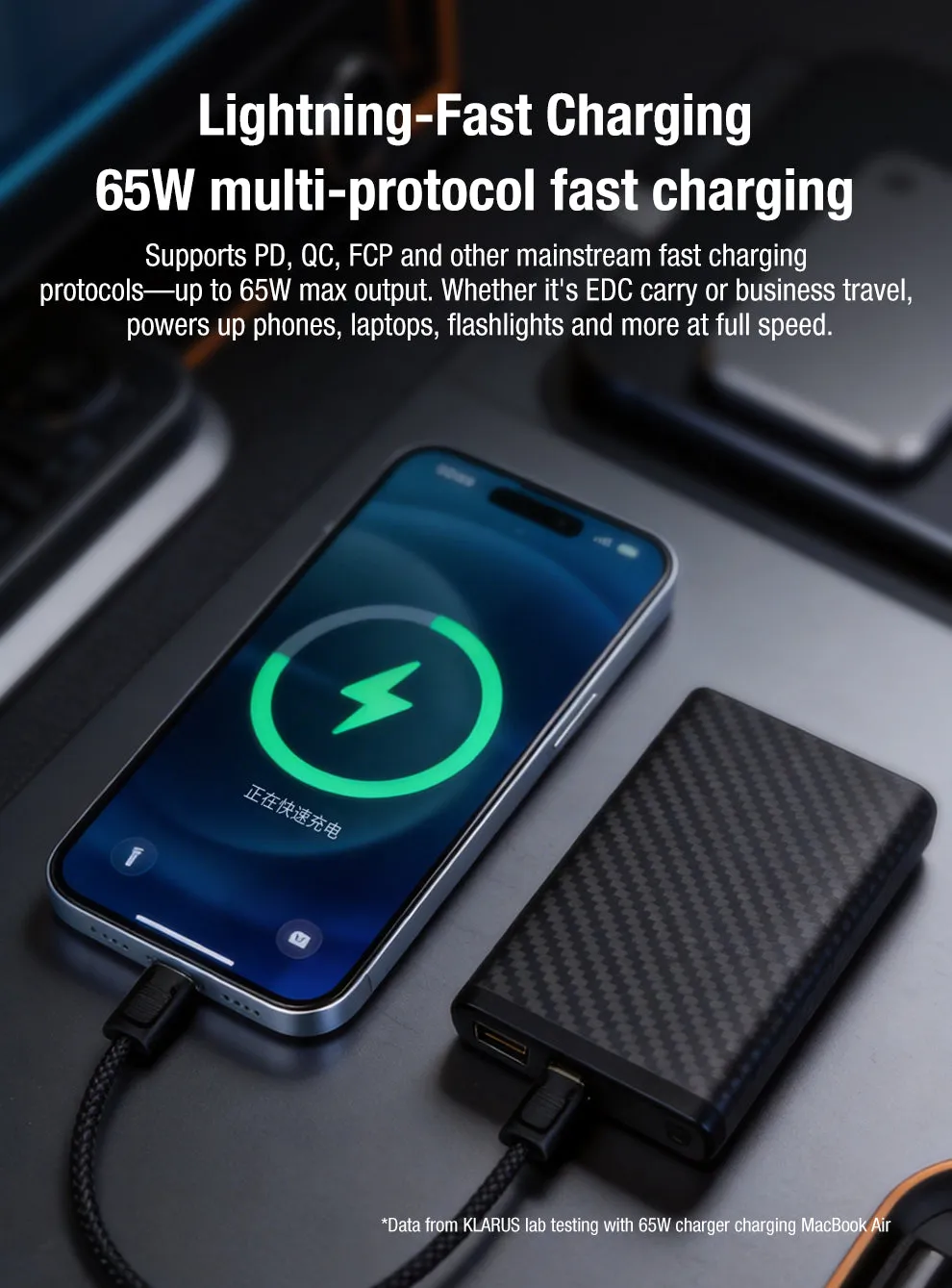 Klarus KC01 USB C cable fast charging a smartphone from a power bank, illustrating 65W multi-protocol support.