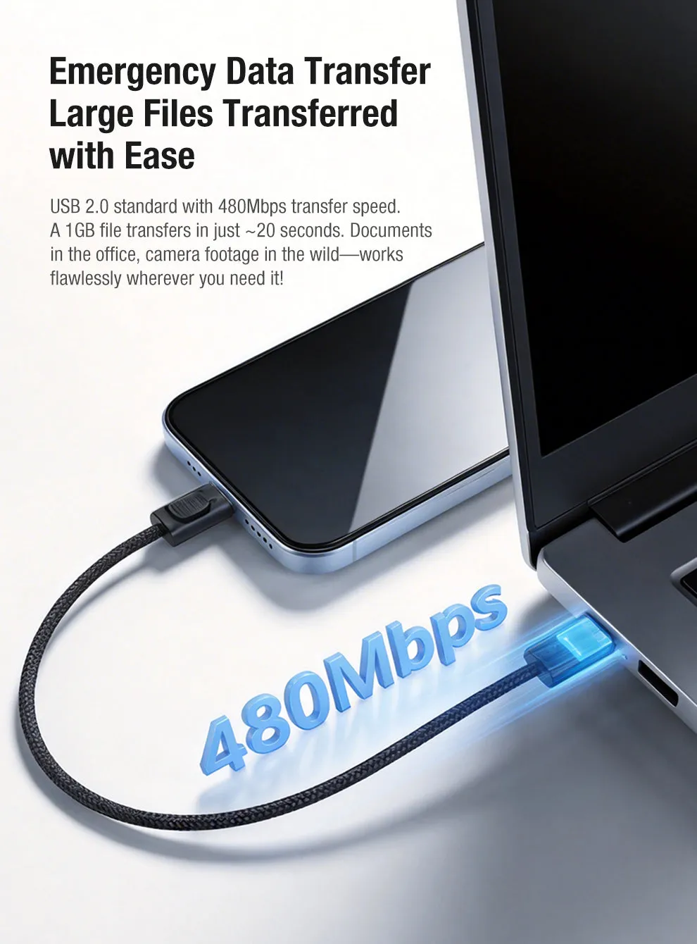 Klarus KC01 USB C cable connected to a phone and laptop, demonstrating 480Mbps data transfer speed.