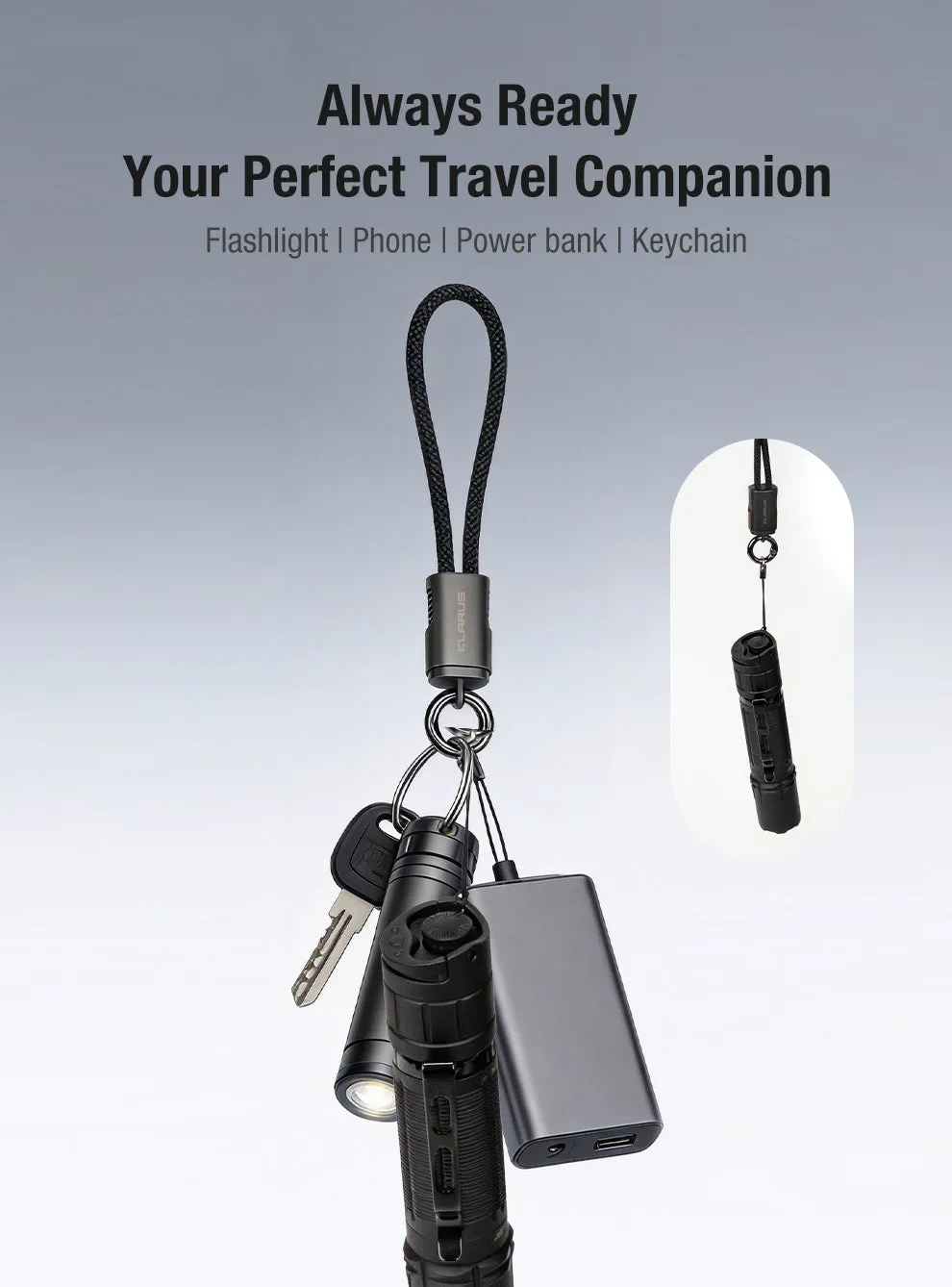 Klarus KC01 USB C cable used as a keychain with a flashlight, keys, and power bank, highlighting its portability.