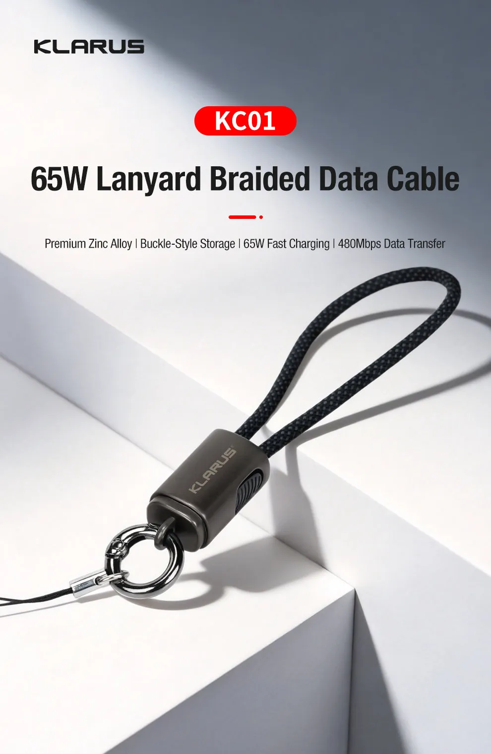 Klarus KC01 USB C cable with 65W fast charging and lanyard design, showing the braided cable and zinc alloy buckle.