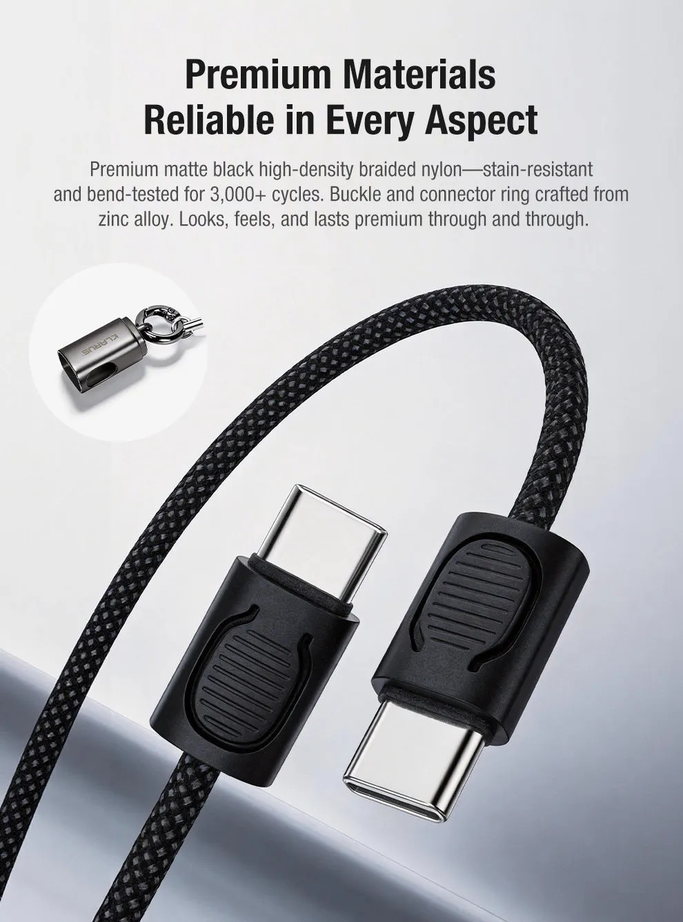 Klarus KC01 USB C cable close-up, showing premium braided nylon and zinc alloy connectors for durability.