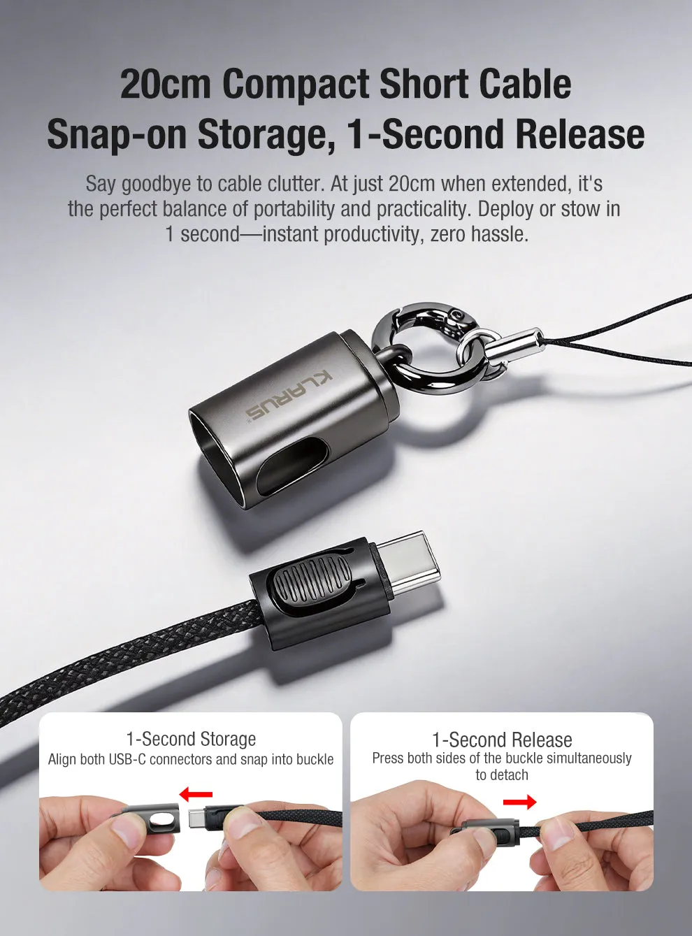 Klarus KC01 USB C cable showing the snap-on buckle storage and 1-second release mechanism for its 20cm cable.