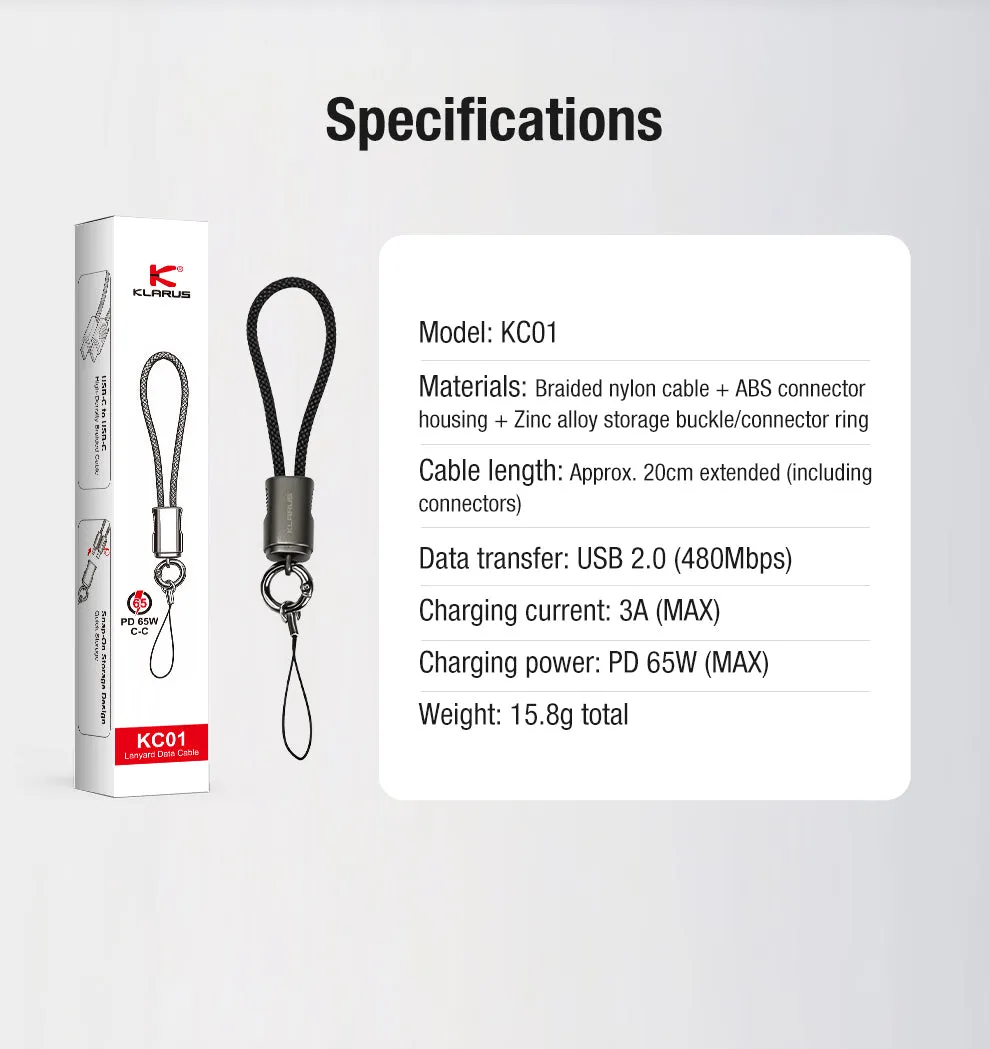 Klarus KC01 USB C cable with its packaging, displaying detailed product specifications like 65W PD, 20cm length, 480Mbps.
