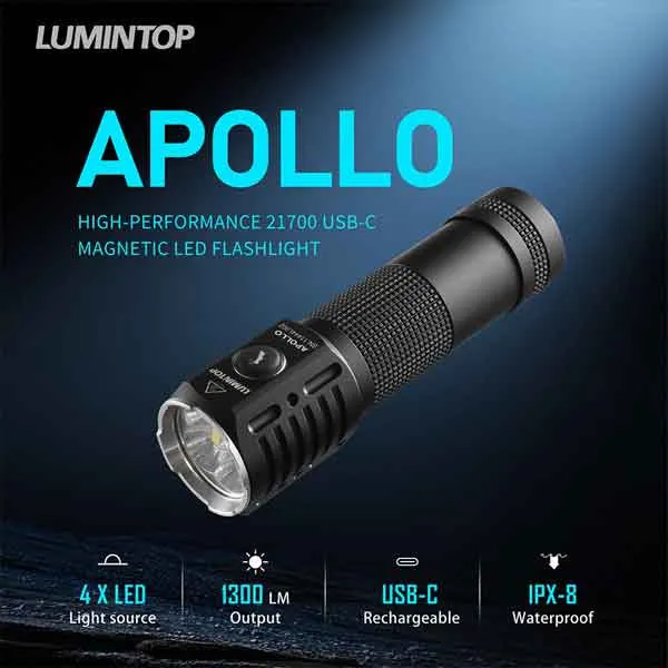 Angled view of the Lumintop Apollo V2 High CRI 1300 lumen rechargeable torch highlighting key features.
