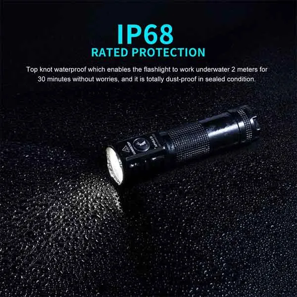 Lumintop Apollo V2 High CRI 1300 lumen rechargeable torch on a wet surface, demonstrating IP68 protection.