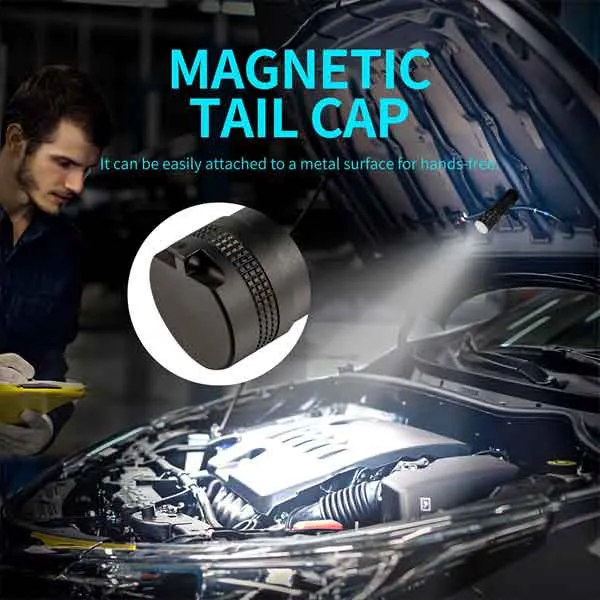 Lumintop Apollo V2 High CRI 1300 lumen rechargeable torch with magnetic tail cap illuminating a car engine.