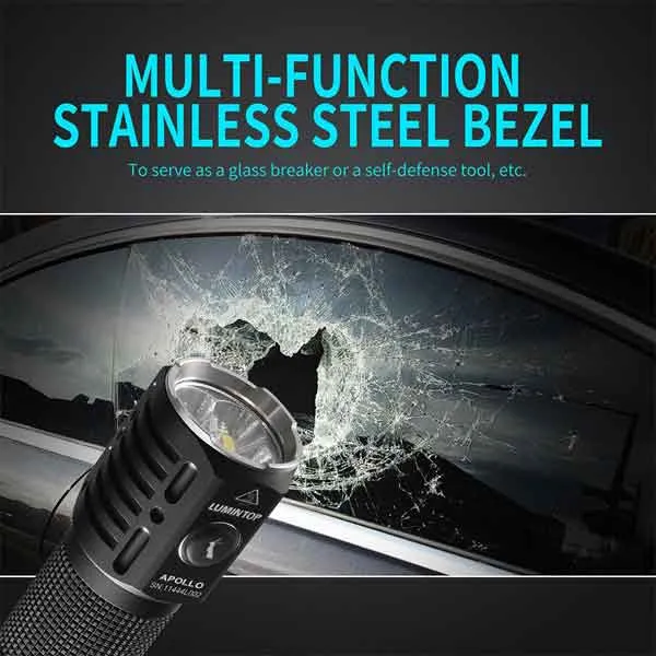 Lumintop Apollo V2 High CRI 1300 lumen rechargeable torch bezel breaking a car window.