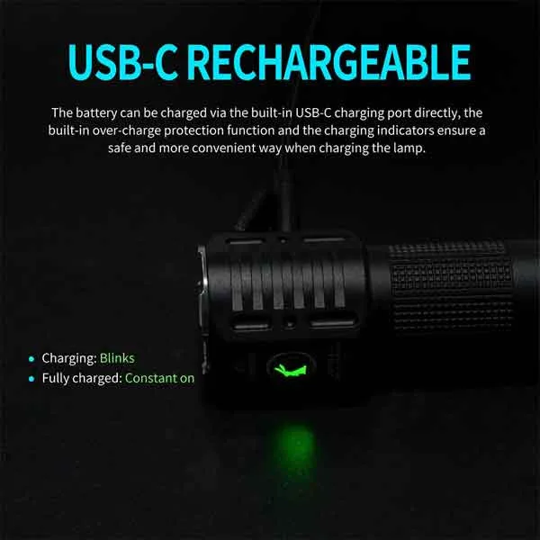 Close-up of the Lumintop Apollo V2 High CRI 1300 lumen rechargeable torch with USB-C charging port.