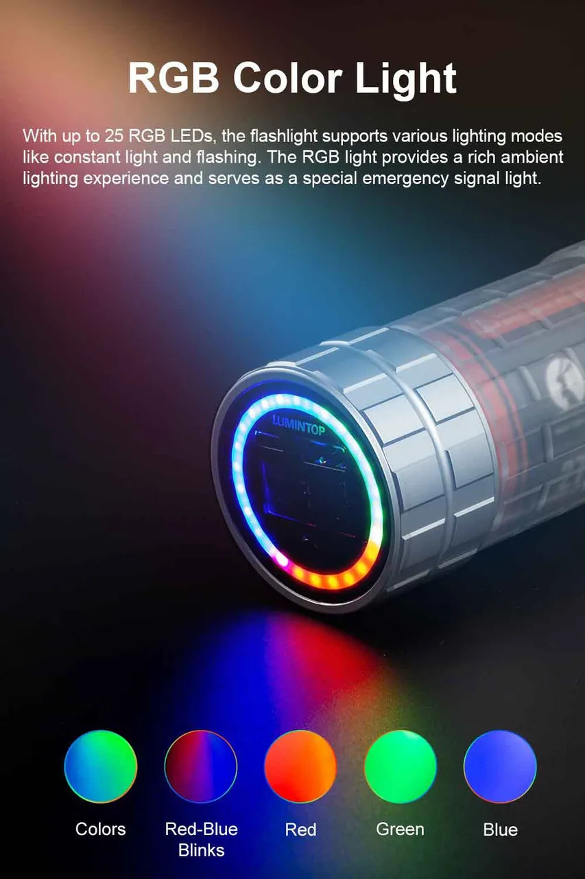 Lumintop Aurora RGB Rechargeable LED Torch and Power Bank displaying various RGB color light modes.