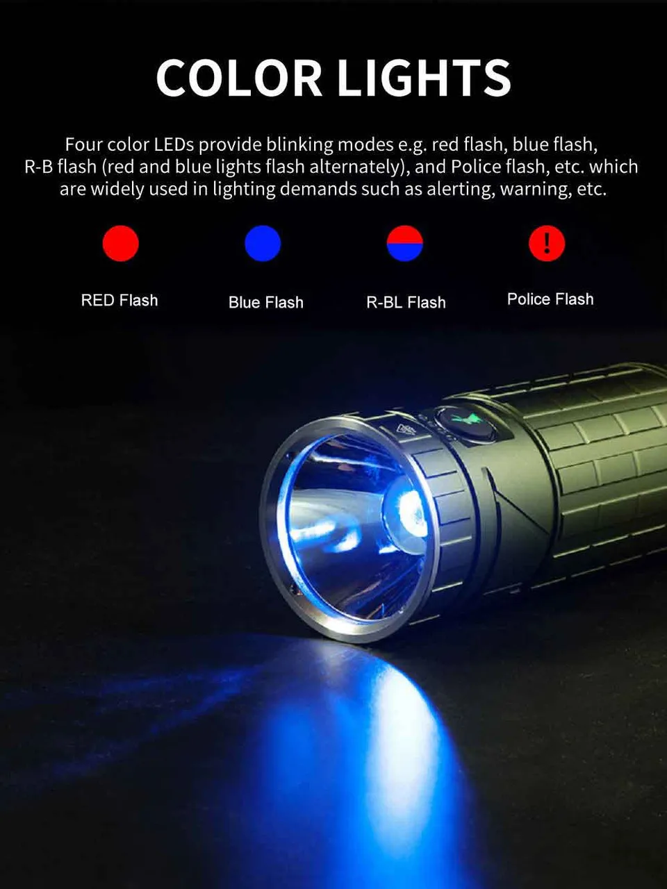 Lumintop DF2 1600 Lumen USB-C Rechargeable Torch with 46800 Battery showing blue color light flash.