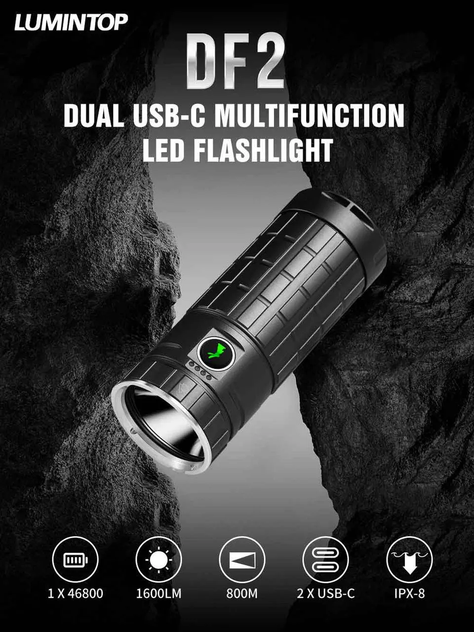 Lumintop DF2 1600 Lumen USB-C Rechargeable Torch with 46800 Battery, black version, angled view.