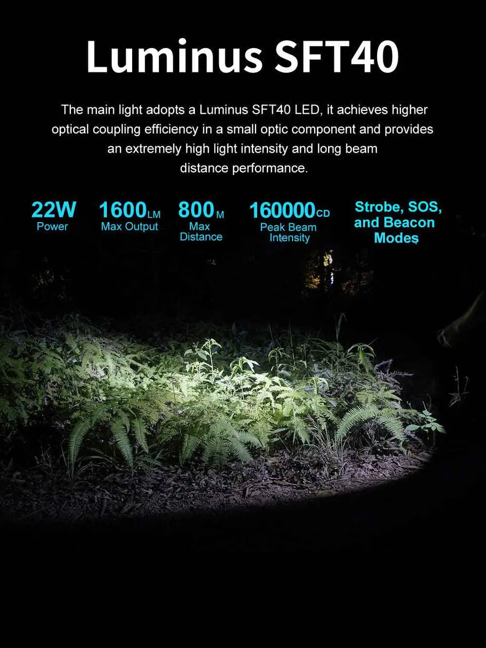 Lumintop DF2 1600 Lumen USB-C Rechargeable Torch with 46800 Battery illuminating plants at night, showing beam.