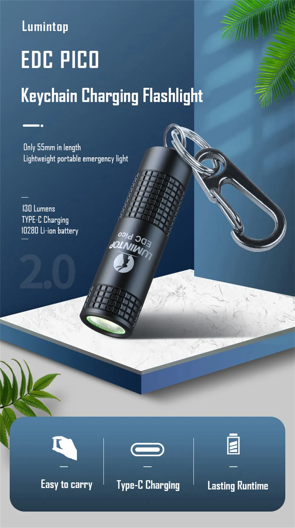 Lumintop EDC Pico V2.0 USB-C Rechargeable Keychain light with carabiner, highlighting 55mm length, 130 lumens, and Type-C charging.