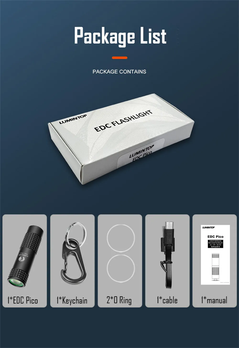 Lumintop EDC Pico V2.0 USB-C Rechargeable Keychain light package contents: light, keychain, O-rings, USB-C cable, and manual.