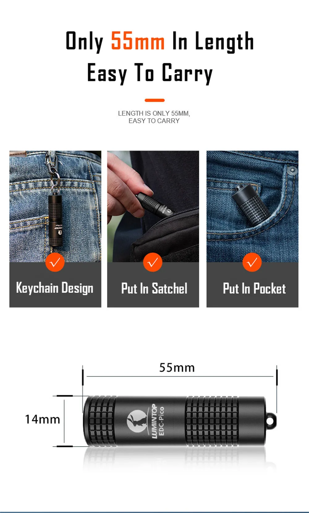 Lumintop EDC Pico V2.0 USB-C Rechargeable Keychain light shown in pocket, on keychain, and with dimensions of 55mm length, 14mm diameter.