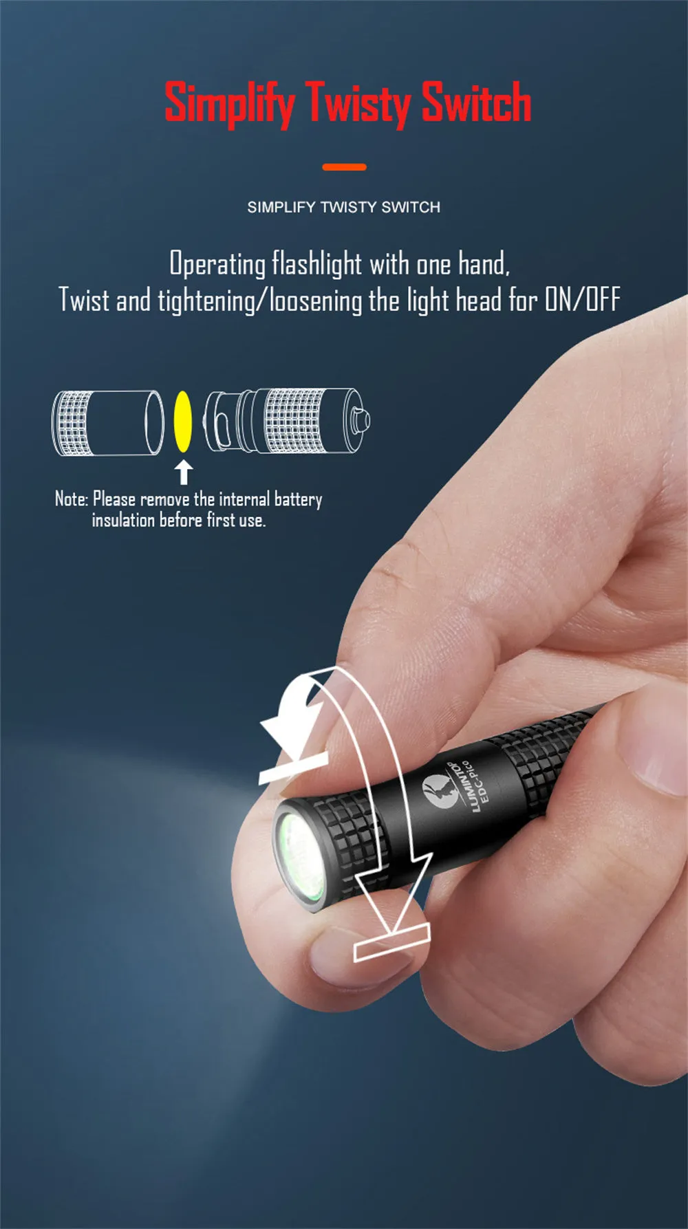 Lumintop EDC Pico V2.0 USB-C Rechargeable Keychain light demonstrating the twisty switch for easy one-hand operation.
