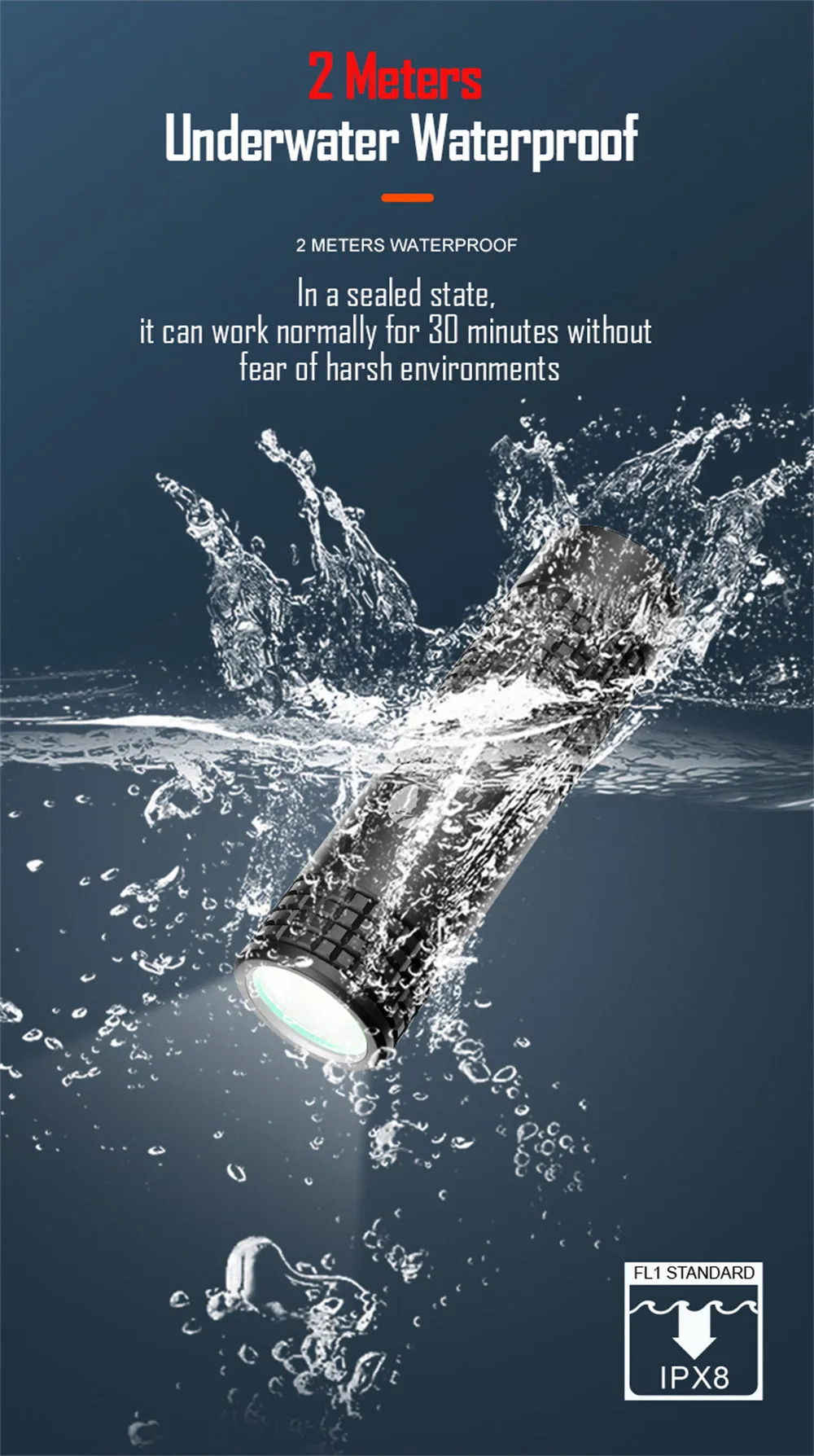Lumintop EDC Pico V2.0 USB-C Rechargeable Keychain light submerged in water, showcasing its 2-meter underwater waterproof IPX8 rating.