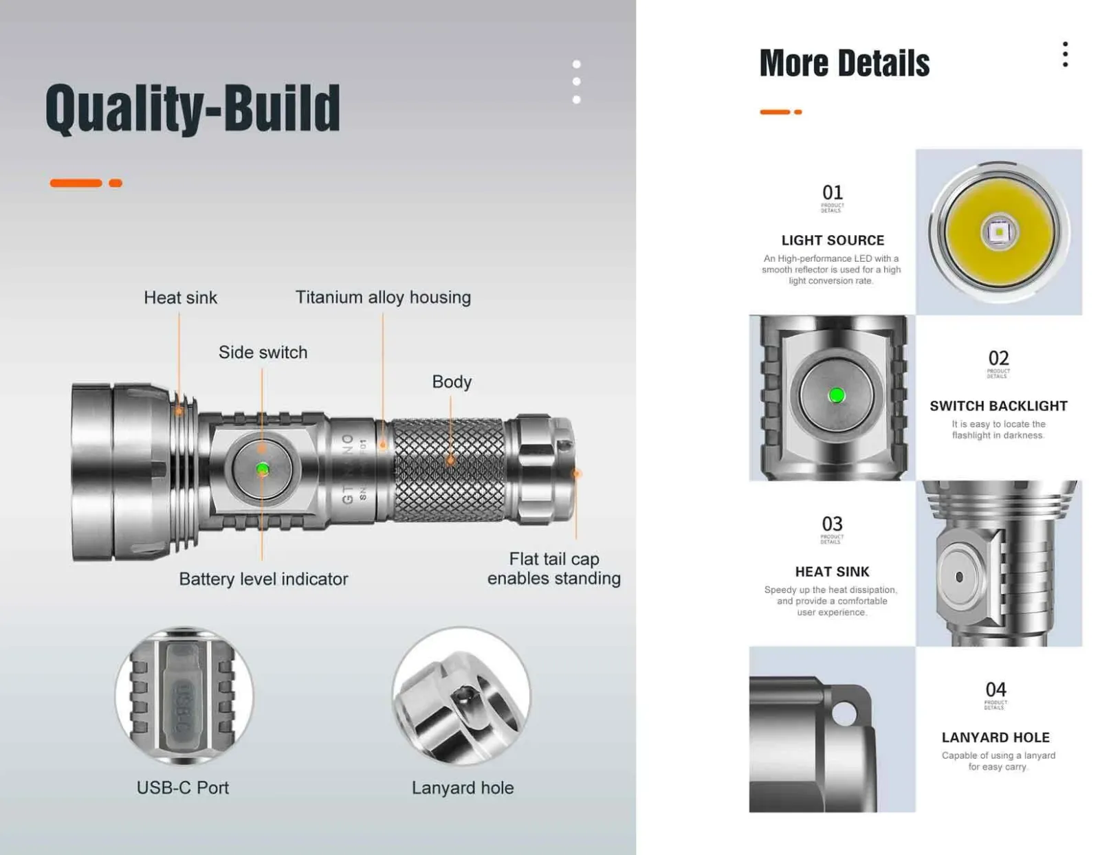 Detailed diagram of the Lumintop GT Nano 3.0 Ti 700 Lumen USB-C Rechargeable Mini Torch, showing its quality build, components, and features.