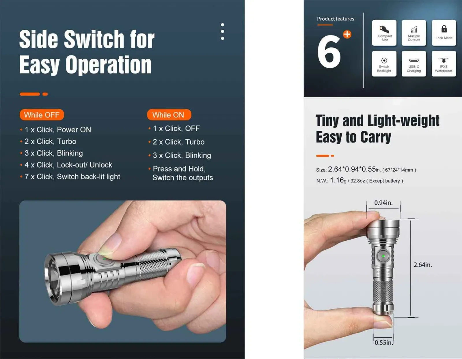 Hand holding the Lumintop GT Nano 3.0 Ti 700 Lumen USB-C Rechargeable Mini Torch, highlighting the side switch operation and compact size.