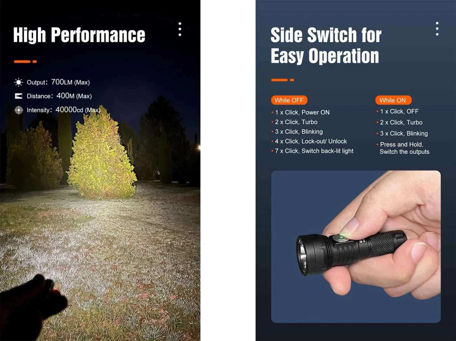 Lumintop GT Nano 3.0 700 Lumen USB-C Rechargeable Mini Torch illuminating a field and showing its side switch operation.