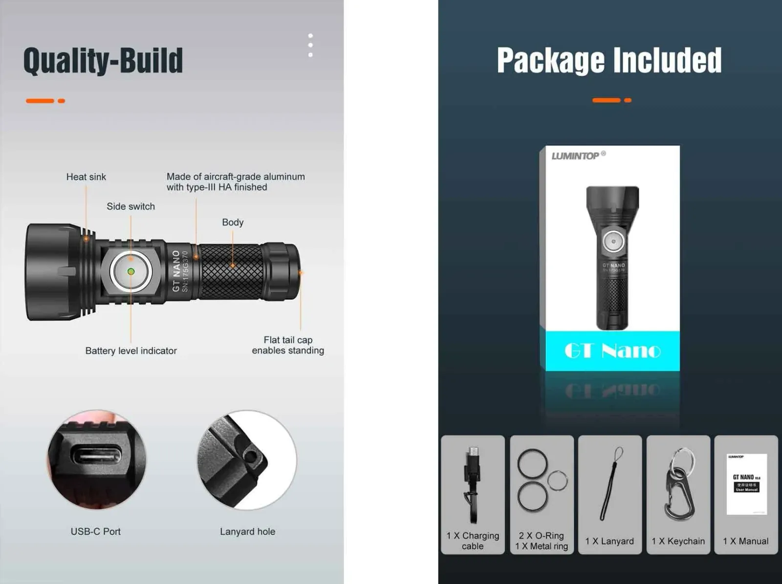 Lumintop GT Nano 3.0 700 Lumen USB-C Rechargeable Mini Torch build features and included accessories.