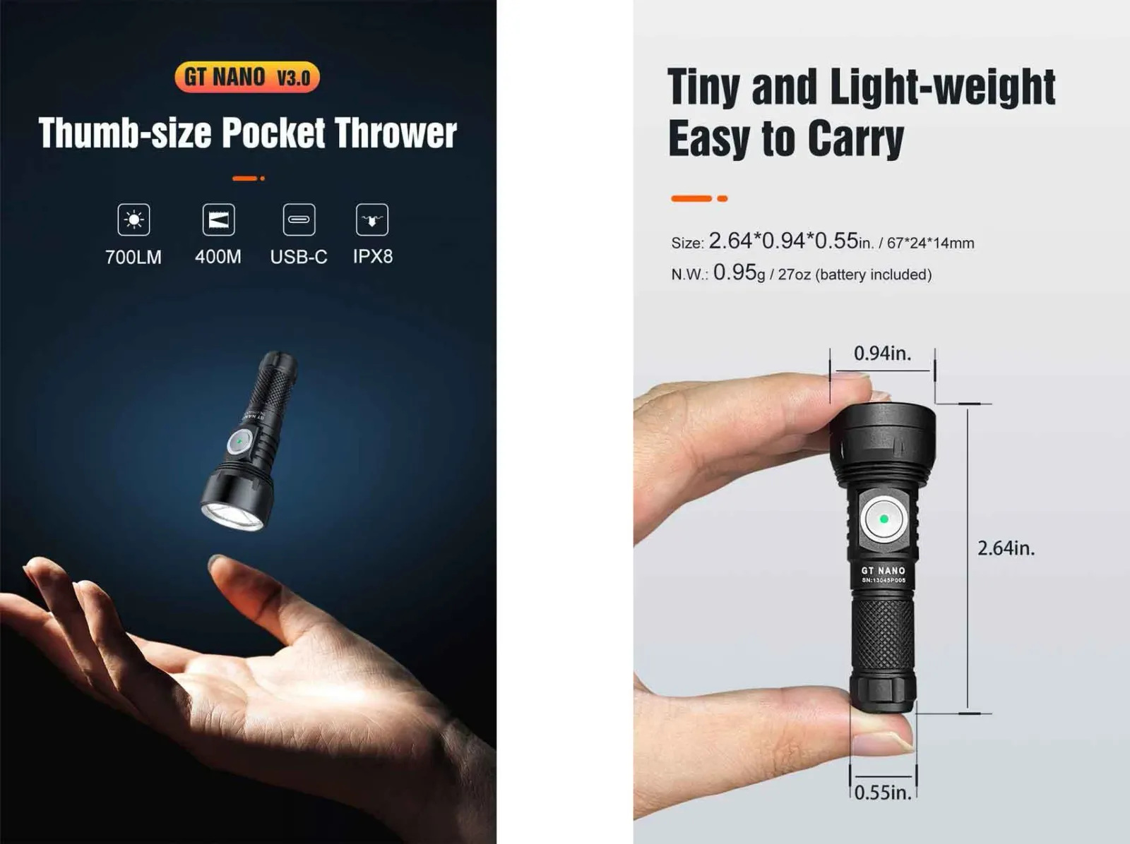 Lumintop GT Nano 3.0 700 Lumen USB-C Rechargeable Mini Torch held in hand, showing its tiny, lightweight size and key features.