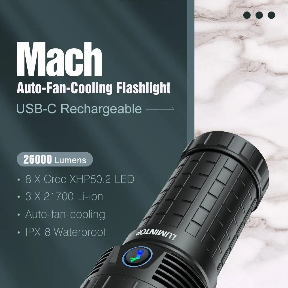 Lumintop Mach 4695 Compact 26000 lumen 520m throw rechargeable torch highlighting key features and specifications.