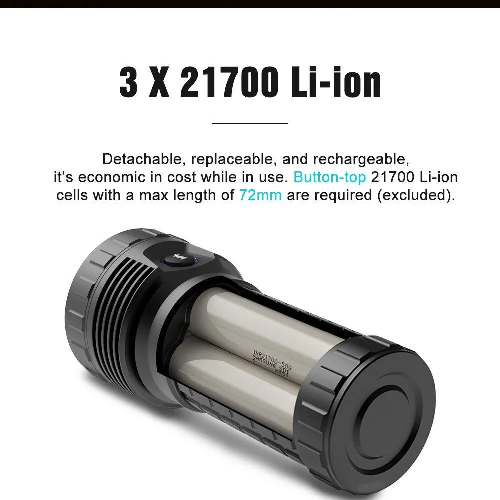 Cutaway view of the Lumintop Mach 4695 Compact 26000 lumen 520m throw rechargeable torch showing 3 x 21700 Li-ion batteries.