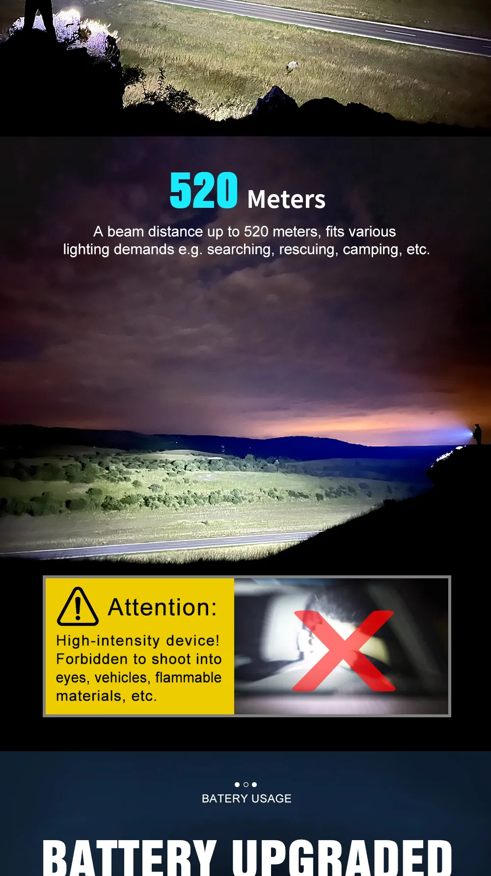 The 520m throw of the Lumintop Mach 4695 V2.0 Compact 26000 lumen 520m throw rechargeable torch with an attention warning.