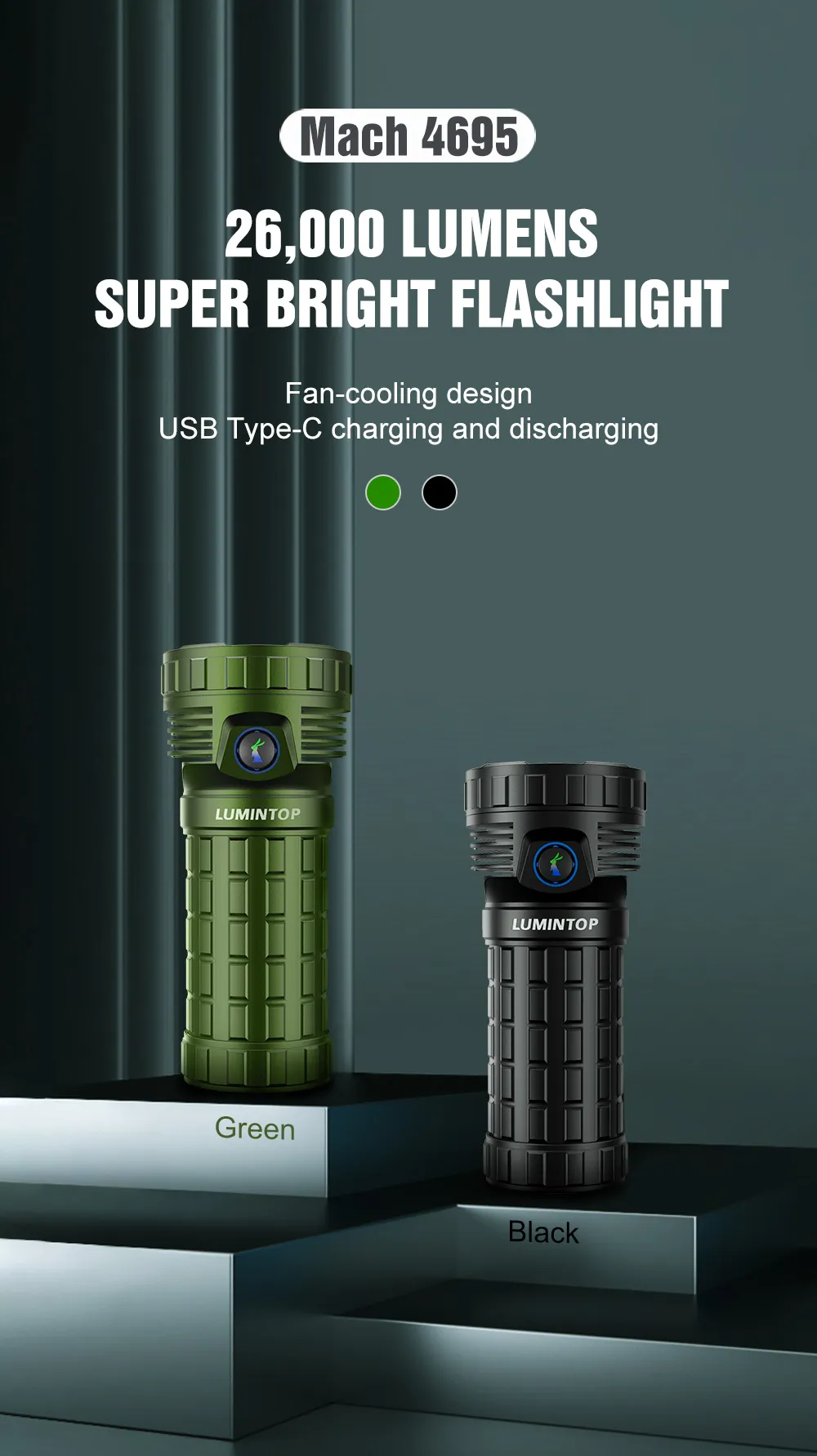 Green and black Lumintop Mach 4695 V2.0 Compact 26000 lumen 520m throw rechargeable torch models on display.