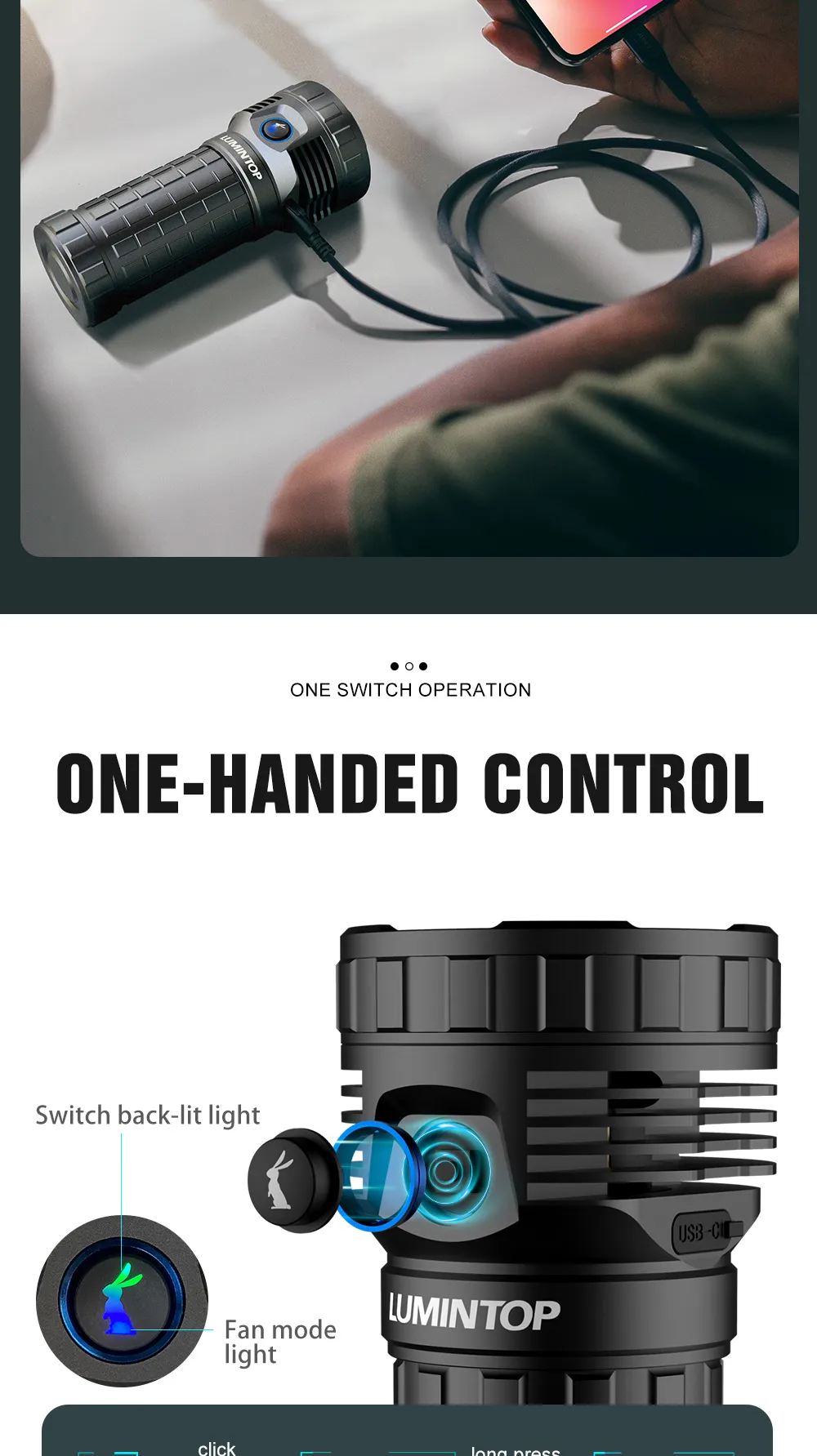Diagram showing one-handed control features of the Lumintop Mach 4695 V2.0 Compact 26000 lumen 520m throw rechargeable torch.