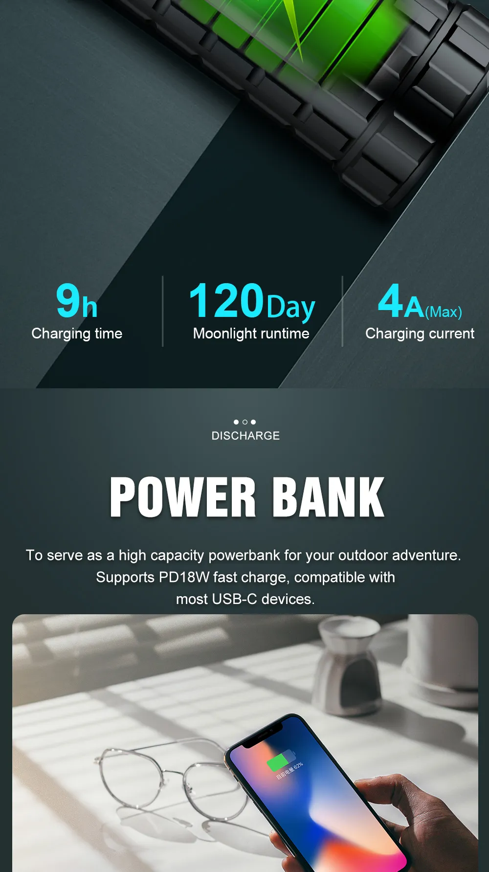 Lumintop Mach 4695 V2.0 Compact 26000 lumen 520m throw rechargeable torch acting as a power bank for a smartphone.