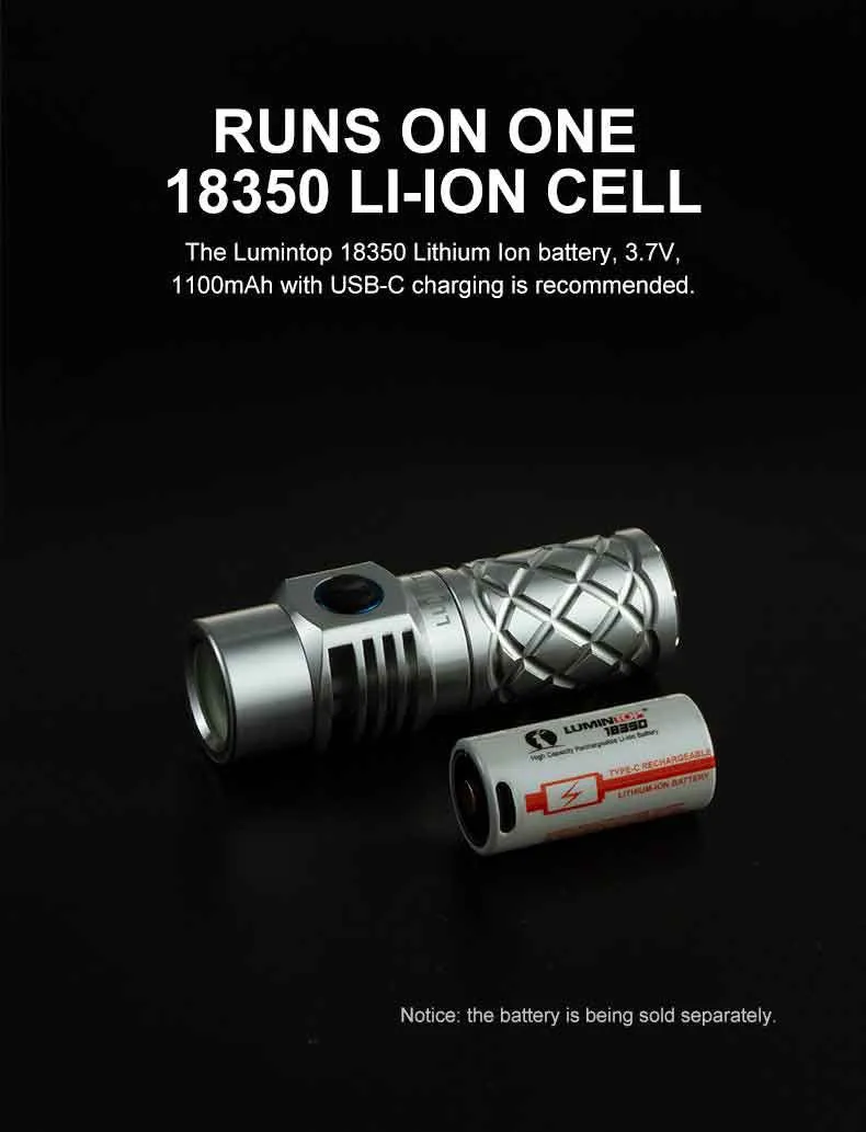 Lumintop Thor Mini 250 lumen 700 meters LEP Torch next to an 18350 Li-ion battery, showing its power source.