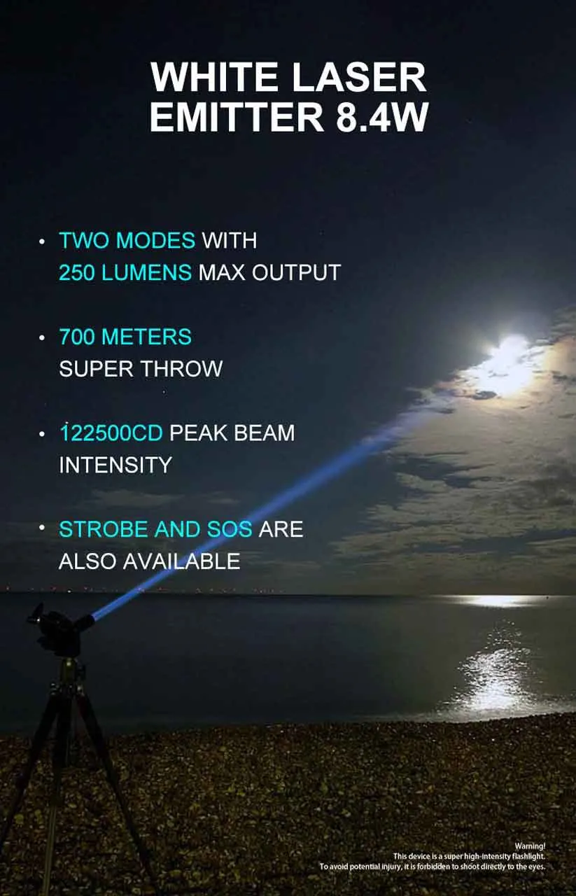 Lumintop Thor Mini 250 lumen 700 meters LEP Torch on a tripod, demonstrating its powerful 700-meter white laser beam throw at night.