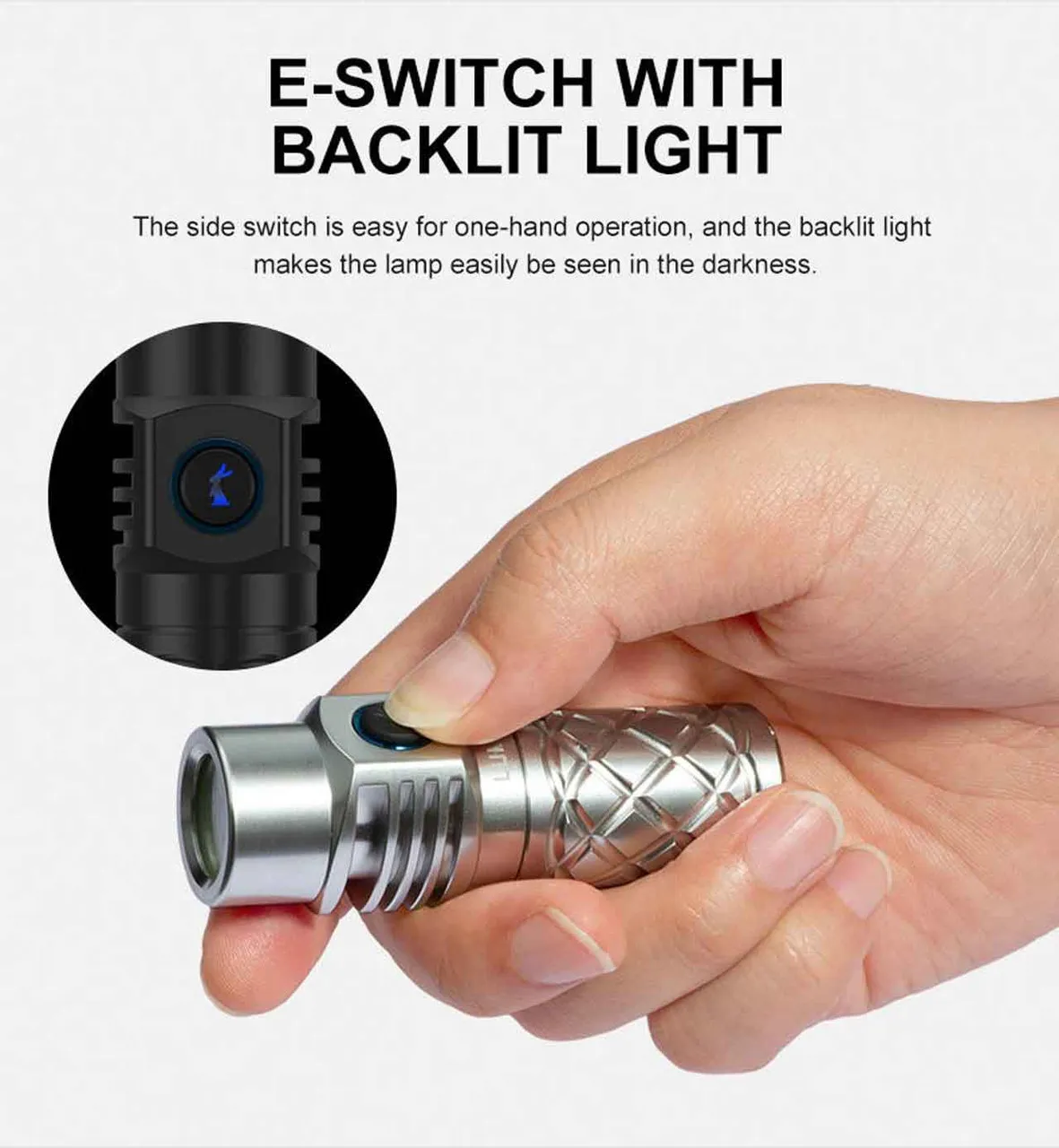 Hand holding the Lumintop Thor Mini 250 lumen 700 meters LEP Torch, showing its backlit e-switch for easy operation.