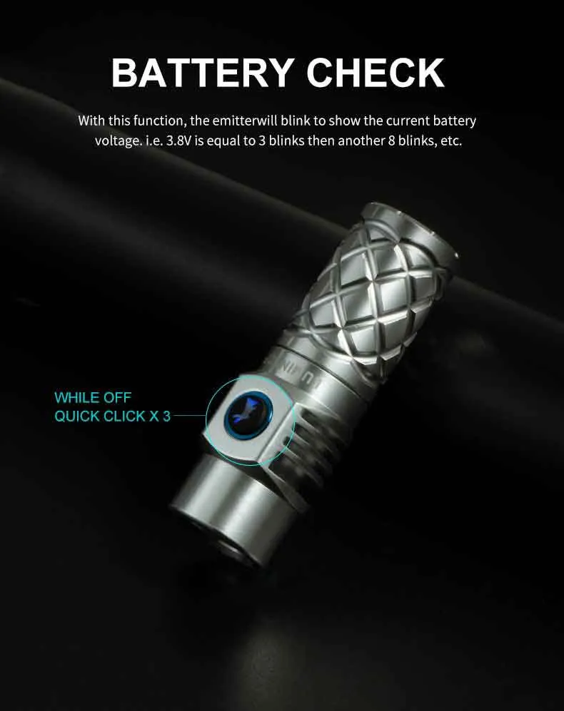 Lumintop Thor Mini 250 lumen 700 meters LEP Torch demonstrating the battery check function via button clicks.