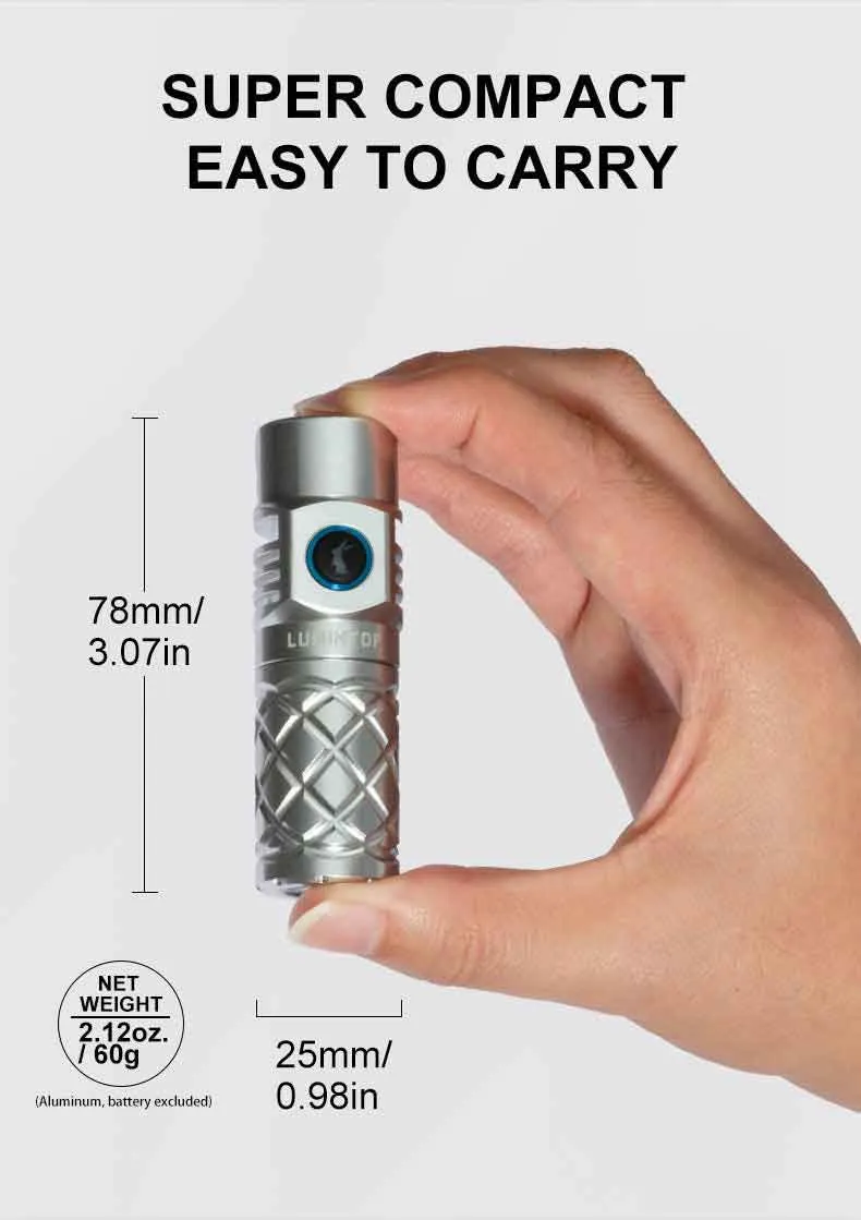 Hand holding the Lumintop Thor Mini 250 lumen 700 meters LEP Torch, showing its super compact dimensions and light weight.