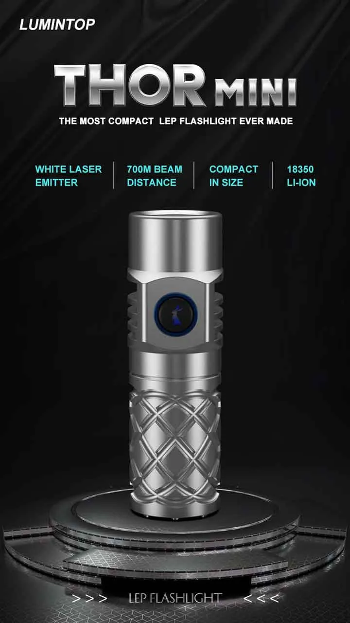 Lumintop Thor Mini 250 lumen 700 meters LEP Torch displayed on a pedestal, highlighting its compact size and features.